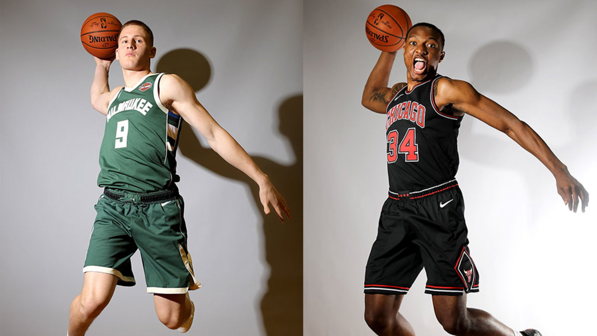 Wendell Carter Jr. of the Chicago Bulls and Donte DiVincenzo of the Milwaukee Bucks pose for a portrait during the 2018 NBA Rookie Photo Shoot at MSG Training Center on August 12, 2018 in Tarrytown, New York. NOTE TO USER: User expressly acknowledges and agrees that, by downloading and or using this photograph, User is consenting to the terms and conditions of the Getty Images License Agreement. (Photo by Elsa/Getty Images)