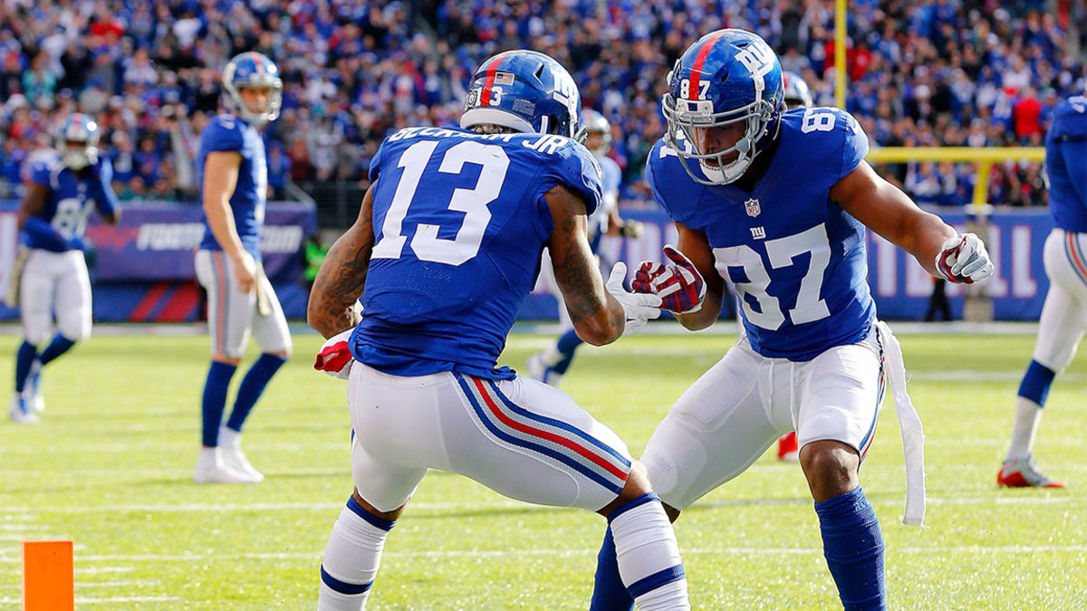 Odell Beckham #13 of the New York Giants celebrates a touchdown against the Philadelphia Eagles with teammate Sterling Shepard #87 of the New York Giants of the New York Giants.