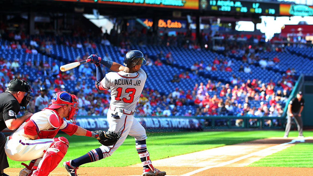 Ronald Acuna Jr. #13 of the Atlanta Braves during a game against the Philadelphia Phillies at Citizens Bank Park on September 30, 2018 in Philadelphia, Pennsylvania. The Phillies defeated the Braves 3-1. (Photo by Rich Schultz/Getty Images)