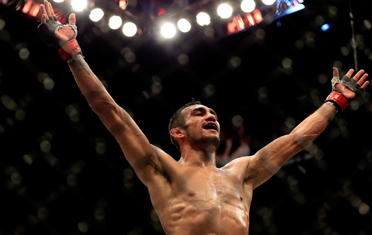 Tony Ferguson celebrates after defeating Abel Trujillo in their fight during the UFC 181 event at the Mandalay Bay Events Center on December 6, 2014 in Las Vegas, Nevada. (Photo by Alex Trautwig/Getty Images)