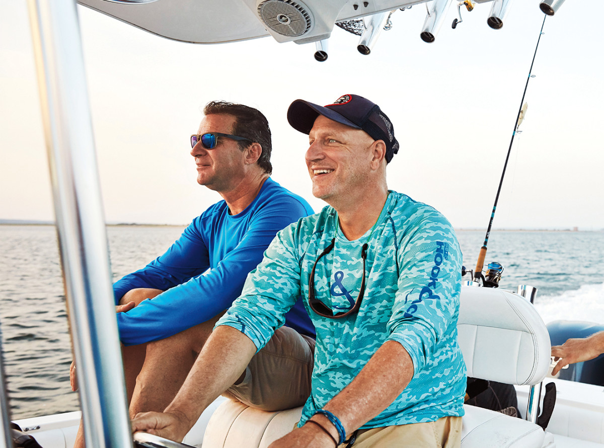 Colicchio, right, with his longtime friend, chef Kerry Heffernan, off New York's Grand Banks.