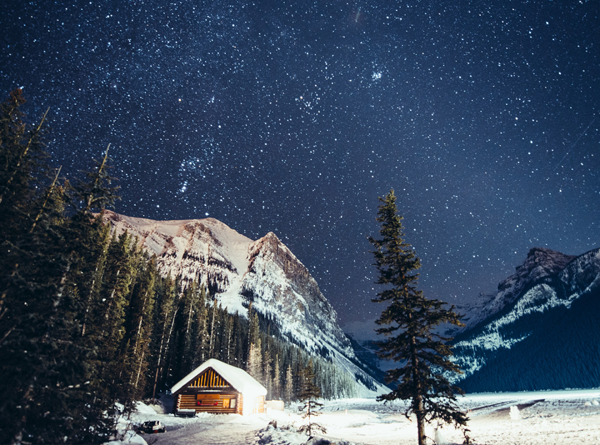 Milky way over Lake Louise in Banff National Park Winter