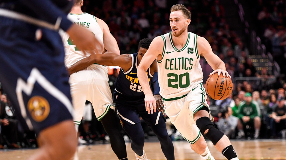 Gordon Hayward (20) of the Boston Celtics drives as Aron Baynes (46) sets a pick on Malik Beasley (25) of the Denver Nuggets during the first half on Monday, November 5, 2018. The Denver Nuggets hosted the Boston Celtics at the Pepsi Center. (Photo by AAron Ontiveroz/The Denver Post via Getty Images)