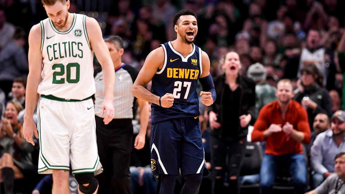 Jamal Murray (27) of the Denver Nuggets and Gordon Hayward (20) of the Boston Celtics react to a turnover by the Celtics during the second half of the Nuggets' 115-107 win on Monday, November 5, 2018. Jamal Murray (27) of the Denver Nuggets had a game and career high 48 points. (Photo by AAron Ontiveroz/The Denver Post via Getty Images)
