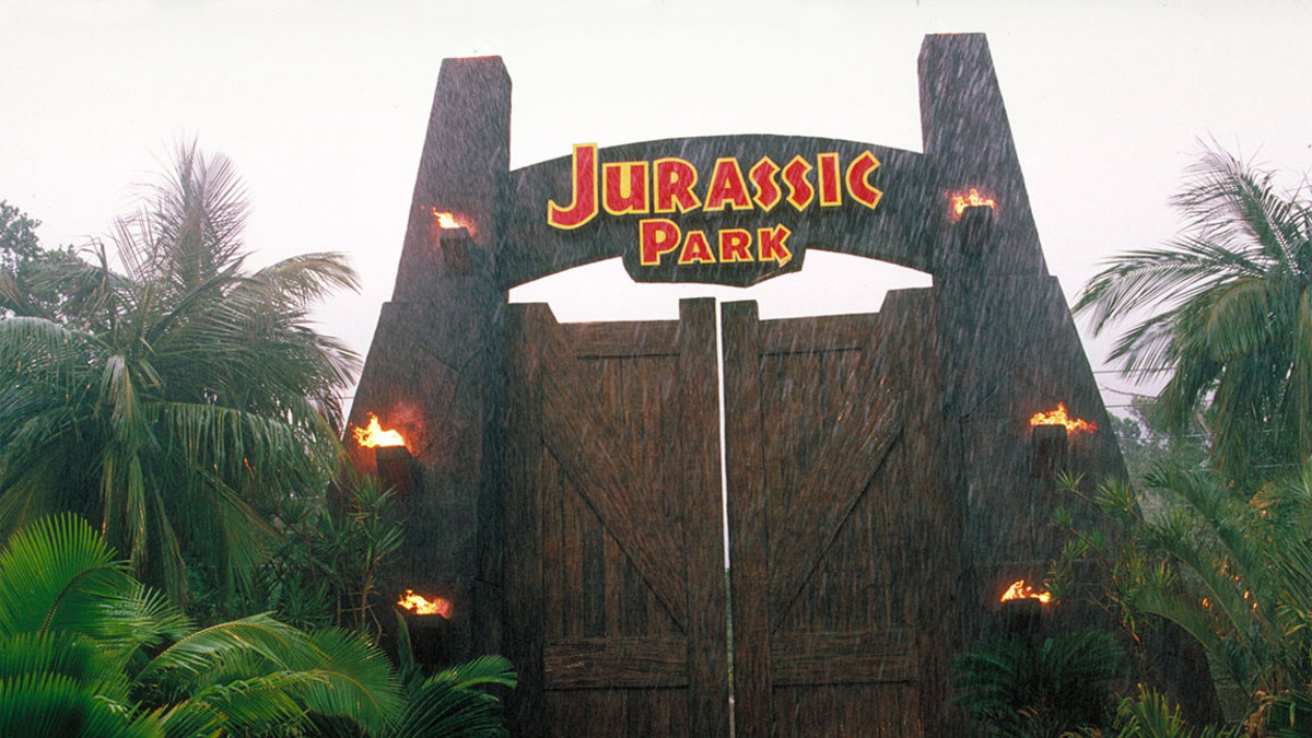 The gateway to the eponymous theme park, from the film 'Jurassic Park', 1993. (Photo by Murray Close/Getty Images)