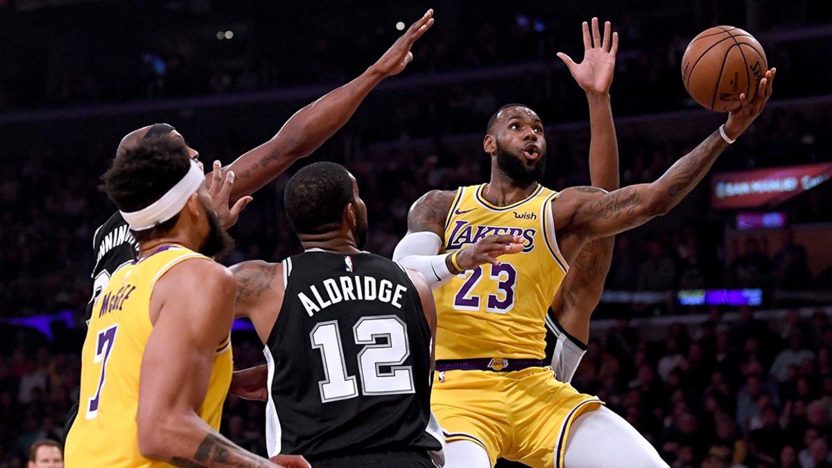 LeBron James #23 of the Los Angeles Lakers attempts a layup past LaMarcus Aldridge #12 of the San Antonio Spurs during the first half at Staples Center on October 22, 2018 in Los Angeles, California. (Photo by Harry How/Getty Images)