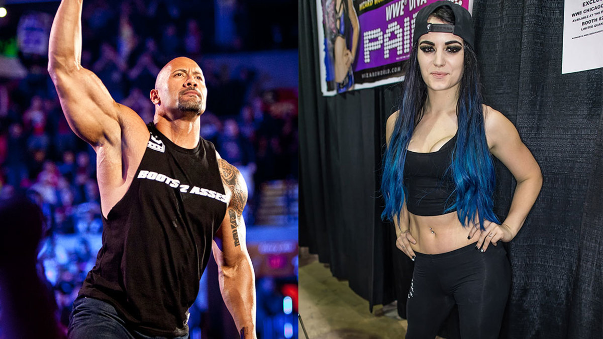 WWE Diva Paige attends Wizard World Comic Con Chicago 2015 - Day 2 at Donald E. Stephens Convention Center on August 21, 2015 in Chicago, Illinois. (Photo by Gilbert Carrasquillo/WireImage), Dwayne Johnson, aka The Rock, enters the ring to talk smack about his upcoming opponent John Cena during the WWE Raw event at Rose Garden arena in Portland, Ore., Monday February 27th, 2012. (Photo by Chris Ryan/Corbis via Getty Images)