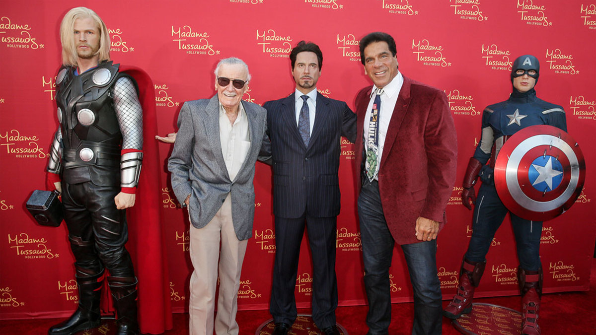 Stan Lee (L) and actor Lou Ferrigno pose with Madame Tussauds Hollywood's figures at the 'Avengers: Age of Ultron' premiere at Dolby Theatre on April 13, 2015 in Hollywood, California. (Photo by Chelsea Lauren/Getty Images for Madame Tussauds Hollywood)