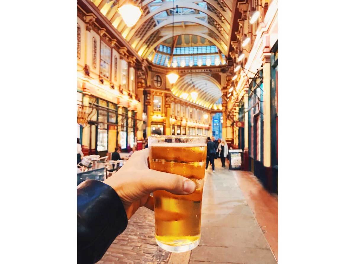 Drinking beer in Leadenhall Market in London
