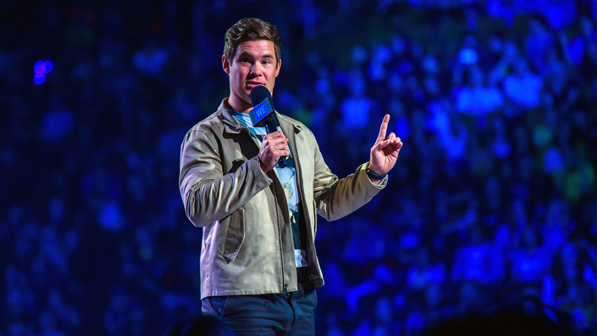 Adam Devine speaks on stage during the 2018 WE Day Toronto Show at Scotiabank Arena on September 20, 2018 in Toronto, Canada. (Photo by Dominik Magdziak/Getty Images)
