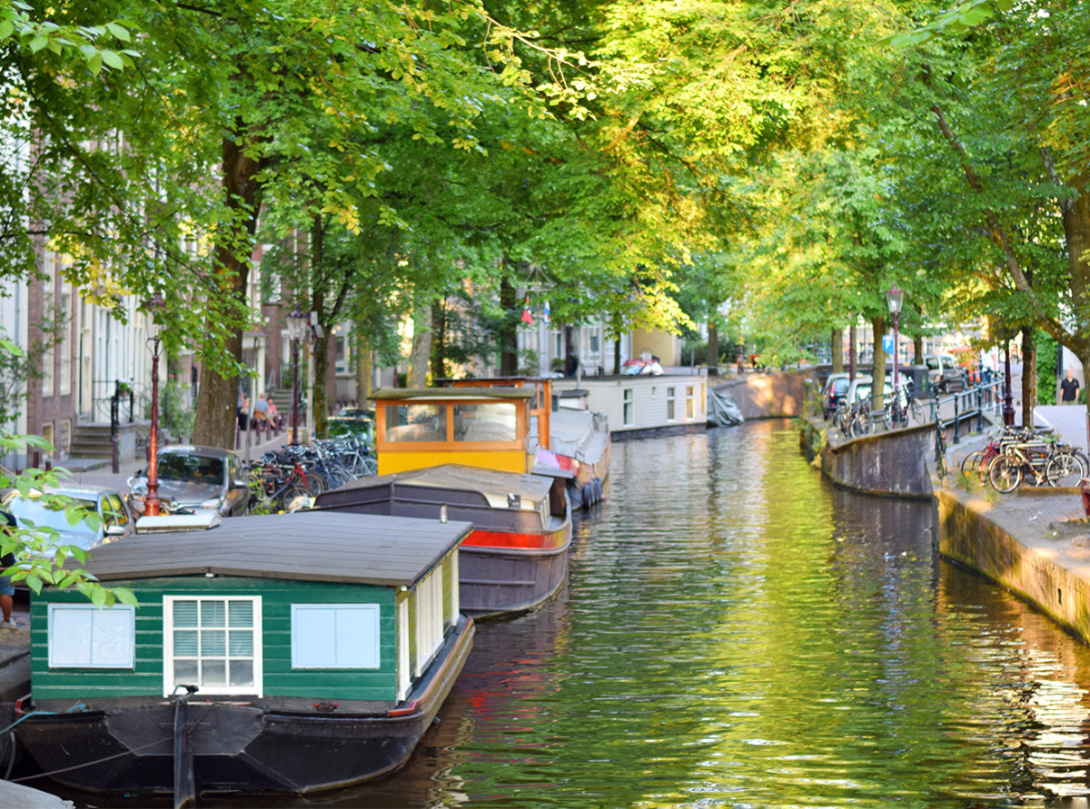 Boats Moored In Water, Amsterdam