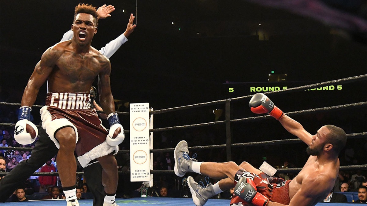Jermell Charlo knocks out Erickson Lubin in the first round during their WBC Junior Middleweight Title bout at Barclays Center of Brooklyn on October 14, 2017 in New York City. (Photo by Al Bello/Getty Images)