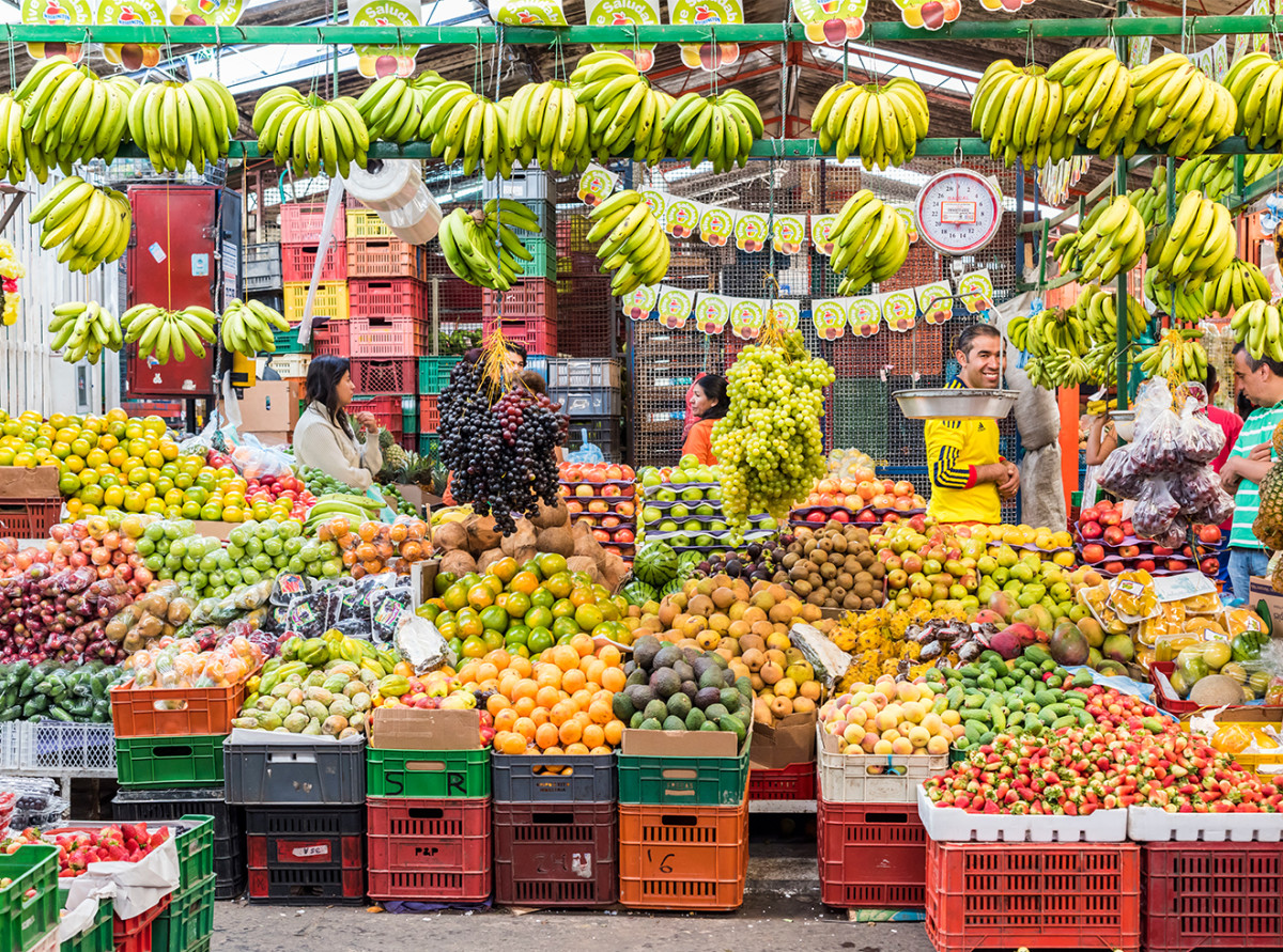 Bananas and fruits at Paloquemao Market in Bogota Colombia