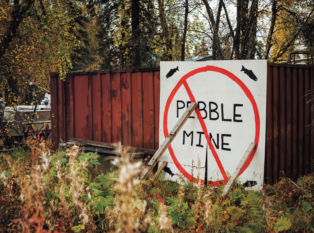 A handmade anti-Pebble sign in Bristol Bay.
