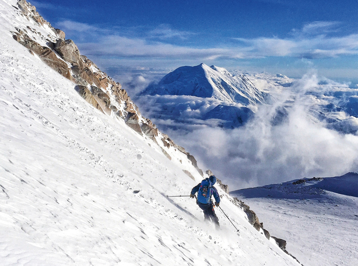 Kedrowski skis from the summit of Denali.