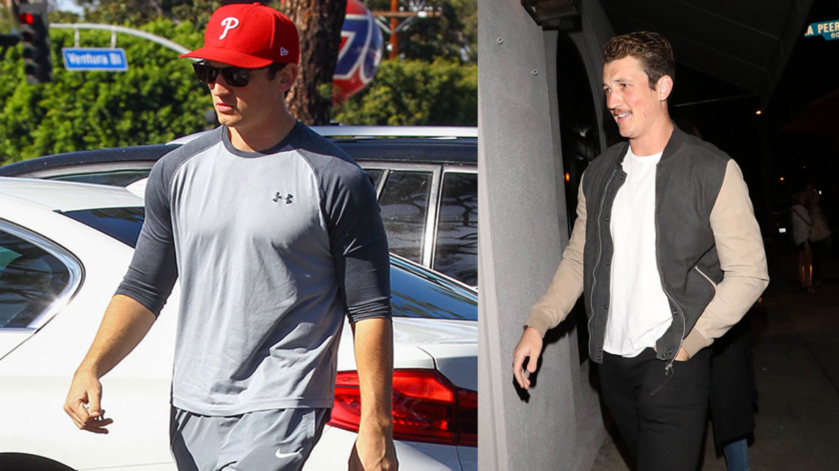 L: LOS ANGELES, CA - NOVEMBER 04: Miles Teller is seen on November 04, 2017 in Los Angeles, California. (Photo by BG020/Bauer-Griffin/GC Images), R: LOS ANGELES, CA - JANUARY 18: Miles Teller is seen on January 18, 2019 in Los Angeles, CA. (Photo by Hollywood To You/Star Max/GC Images)