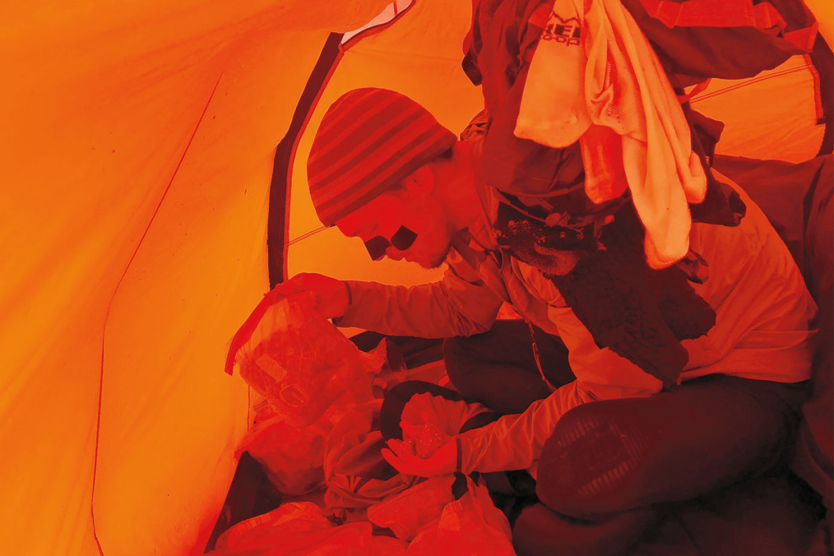 O'Brady consuming calories while tent-bound.