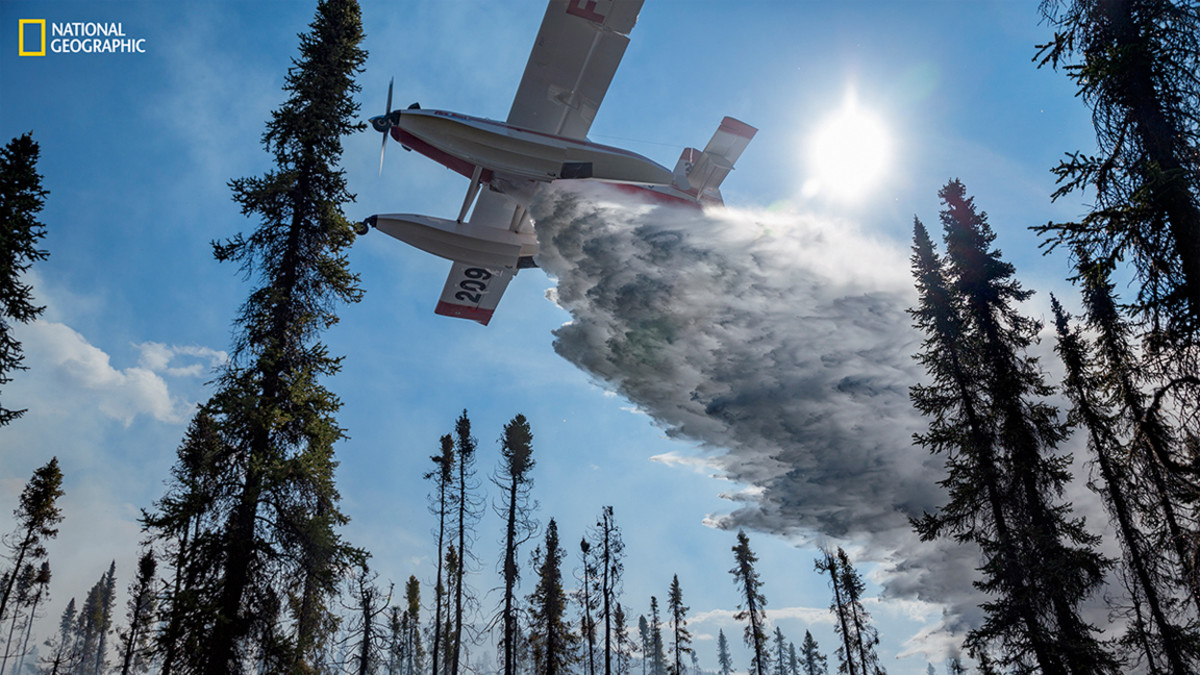 A Fire Boss plane dumps water to aid a ground crew fighting Fire 320 in the Brooks Range in June 2016. The single-engine plane is fitted with pontoons that can slurp up and disgorge 800 gallons every few minutes-here from nearby Iniakuk Lake. (Photograph by Mark Thiessen / National Geographic)
