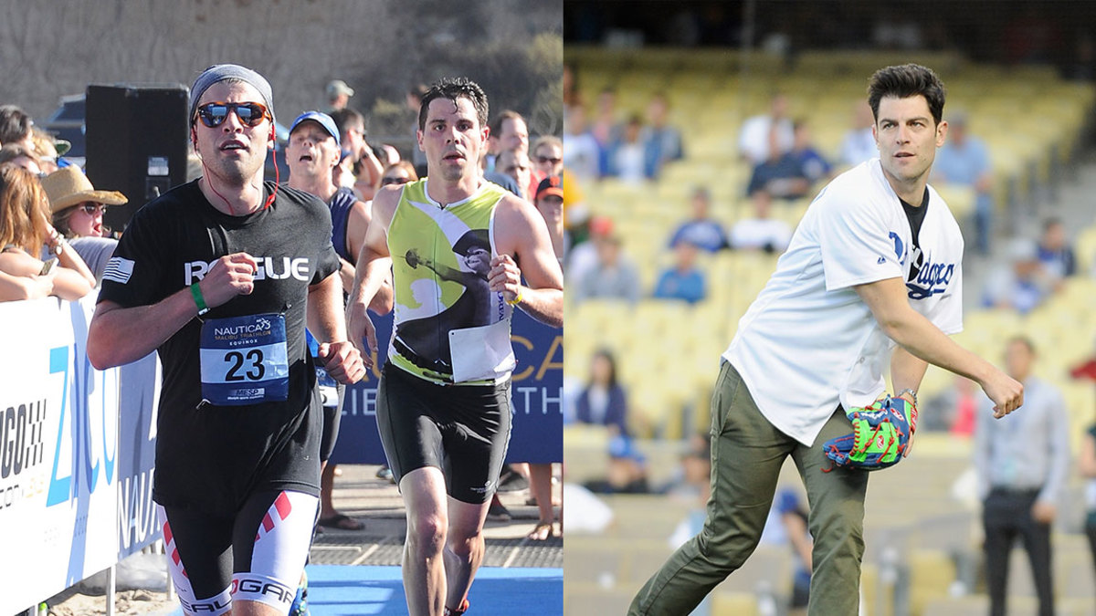 L: Actor Max Greenfield jogs toward the finish line during the Nautica Malibu Triathlon Presented by Equinox at Zuma Beach on September 14, 2014 in Malibu, California. (Photo by Noel Vasquez/Getty Images for Konnect PR / Nautica), R: Actor Max Greenfield warms up to throw out the ceremonial first pitch before the game between the Philadelphia Phillies and the Los Angeles Dodgers at Dodger Stadium on April 24, 2014 in Los Angeles, California. (Photo by Mark Sullivan/WireImage)