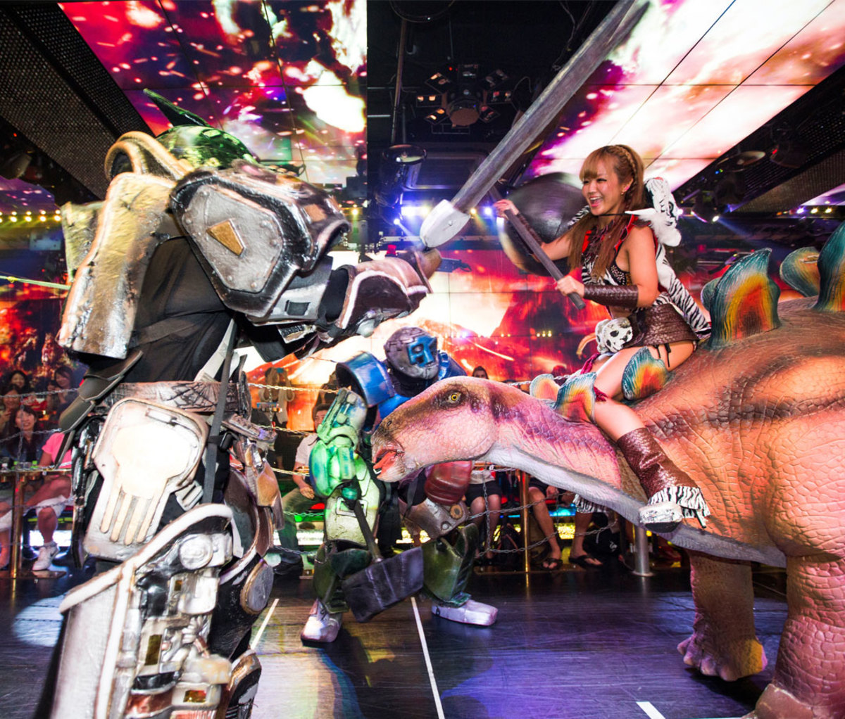 The Robot Restaurant performance. Show of gigantic female machines