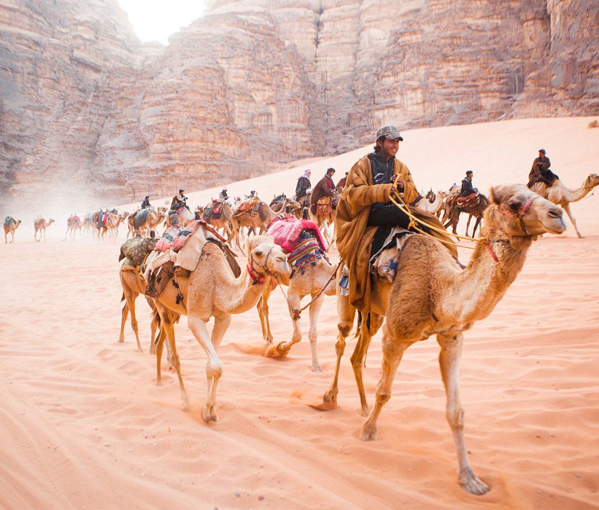 People riding camels in Wadi Rum, Jordan