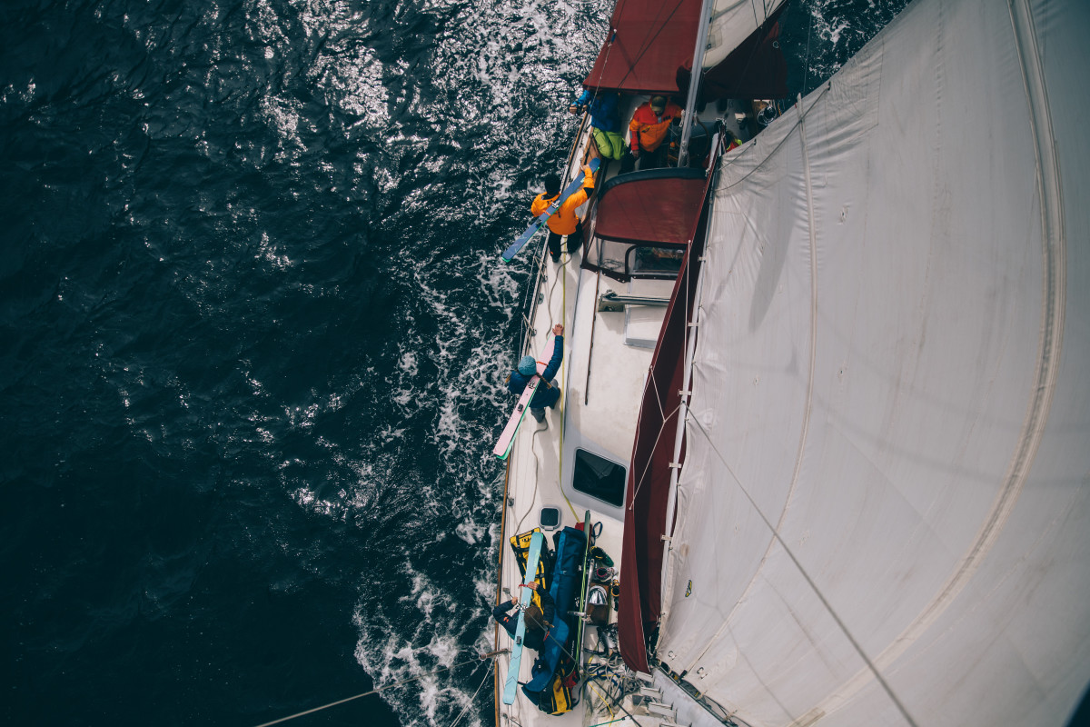 Preparing skis onboard