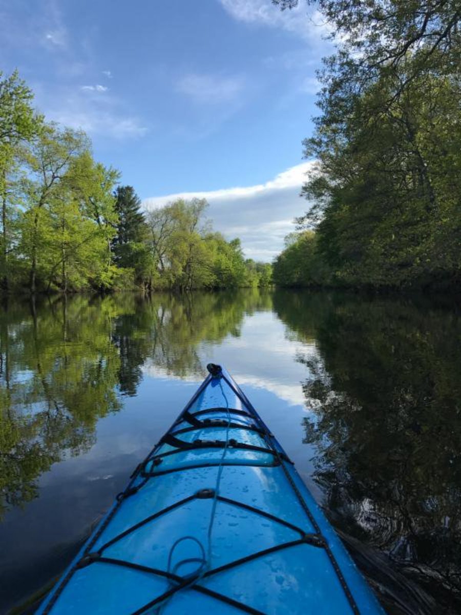 A kayak glides through a reflective river.