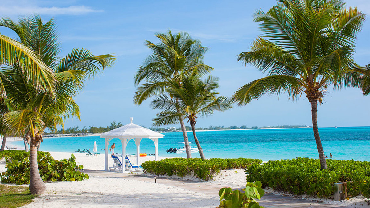 LONG ISLAND, THE BAHAMAS - JUNE 15: Pavillon, sunbeds, coconut palm trees and the beach of luxury Resort and Hotel Cape Santa Maria which is having one of the Bahamas´ best beaches with white sand and palmtrees in Cape Santa Maria on June 15, 2012 in Long Island, The Bahamas. (Photo by EyesWideOpen/Getty Images)