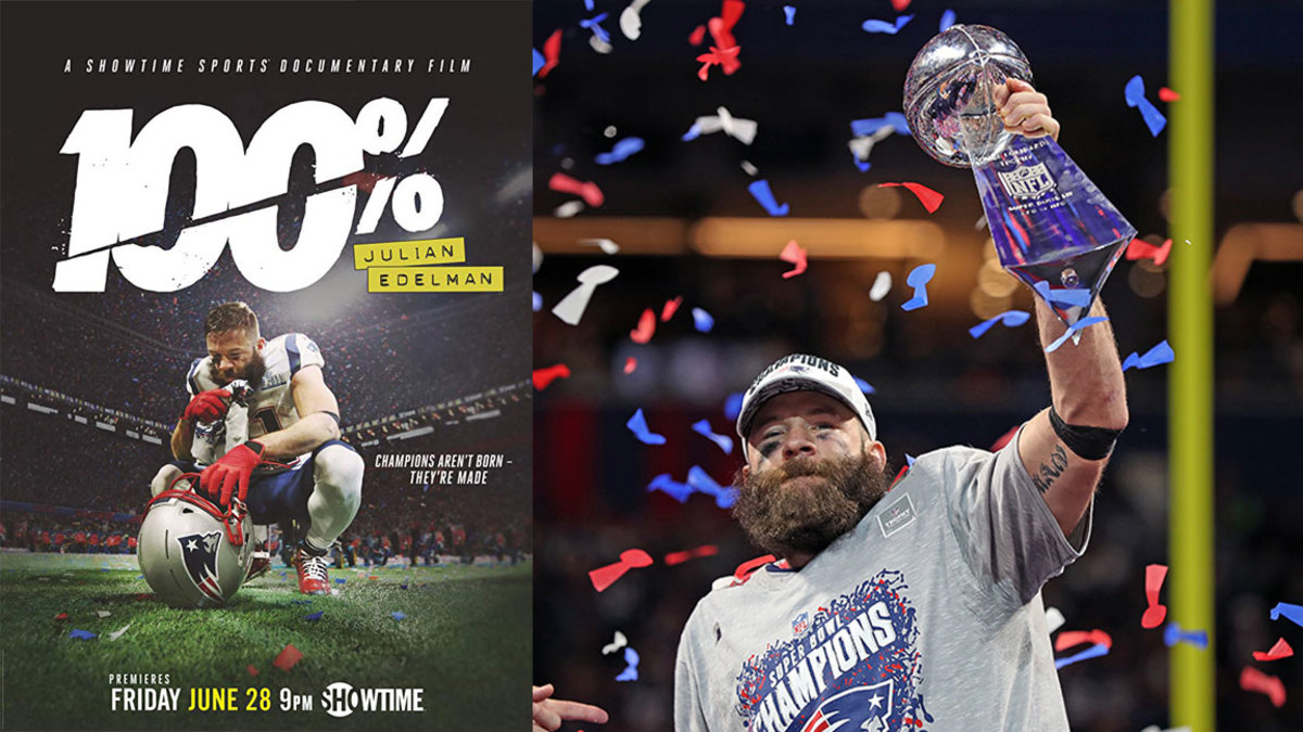 Julian Edelman 100% / L: Courtesy of Showtime / R: ATLANTA, GEORGIA - FEBRUARY 03: Julian Edelman #11 of the New England Patriots celebrates his teams 13-3 win over the Los Angeles Rams with the Vince Lombardi Trophyduring Super Bowl LIII at Mercedes-Benz Stadium on February 03, 2019 in Atlanta, Georgia. (Photo by Patrick Smith/Getty Images)