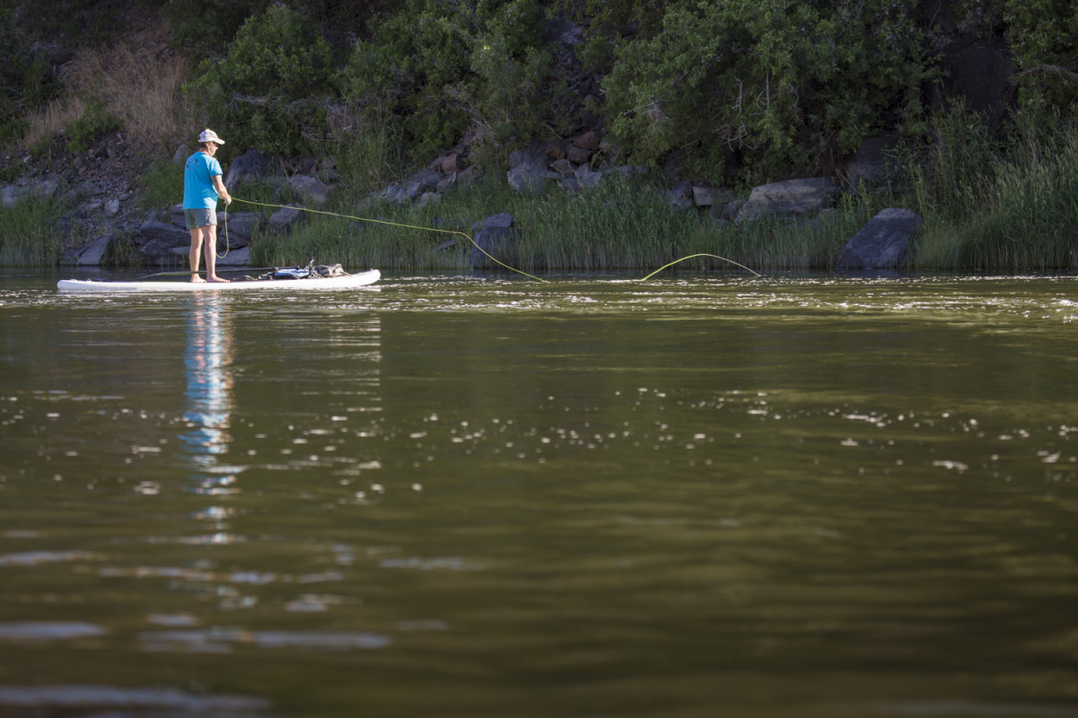 Woman fly-fishing from SUP on Oregon's John Day River.