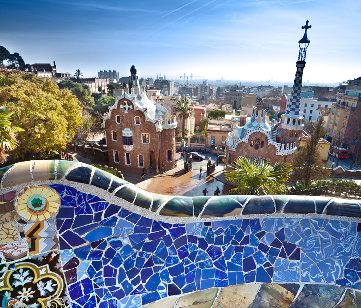 Park Güell with an Antoni Gaudí bench in the foreground