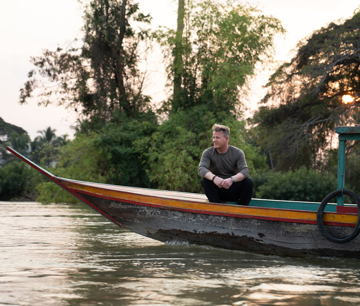 Ramsay moving down a river in his new Nat Geo show, "Uncharted"