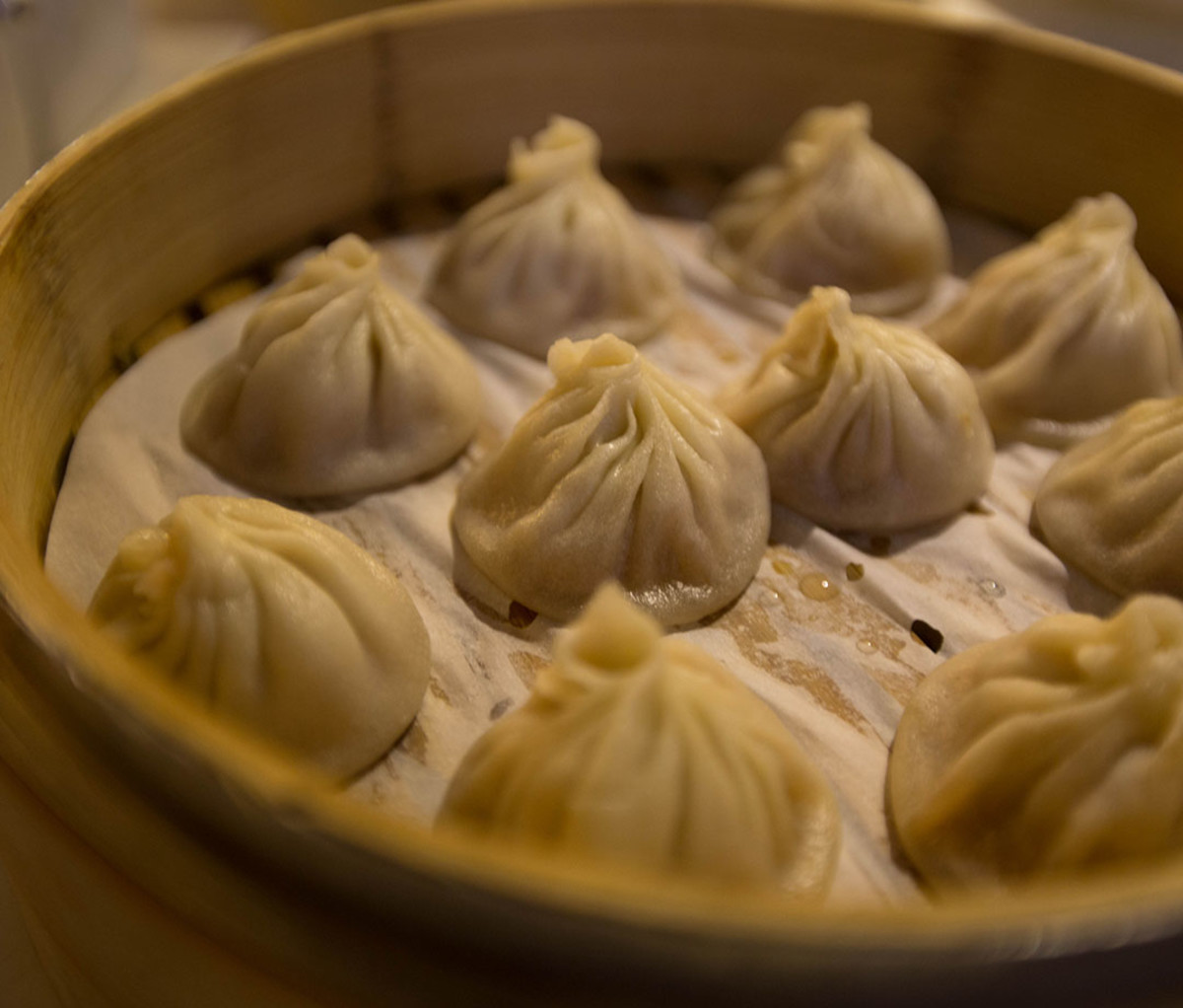 Xiaolongbao in a bamboo steamer at Din Tai Fung in Taipei, Taiwan