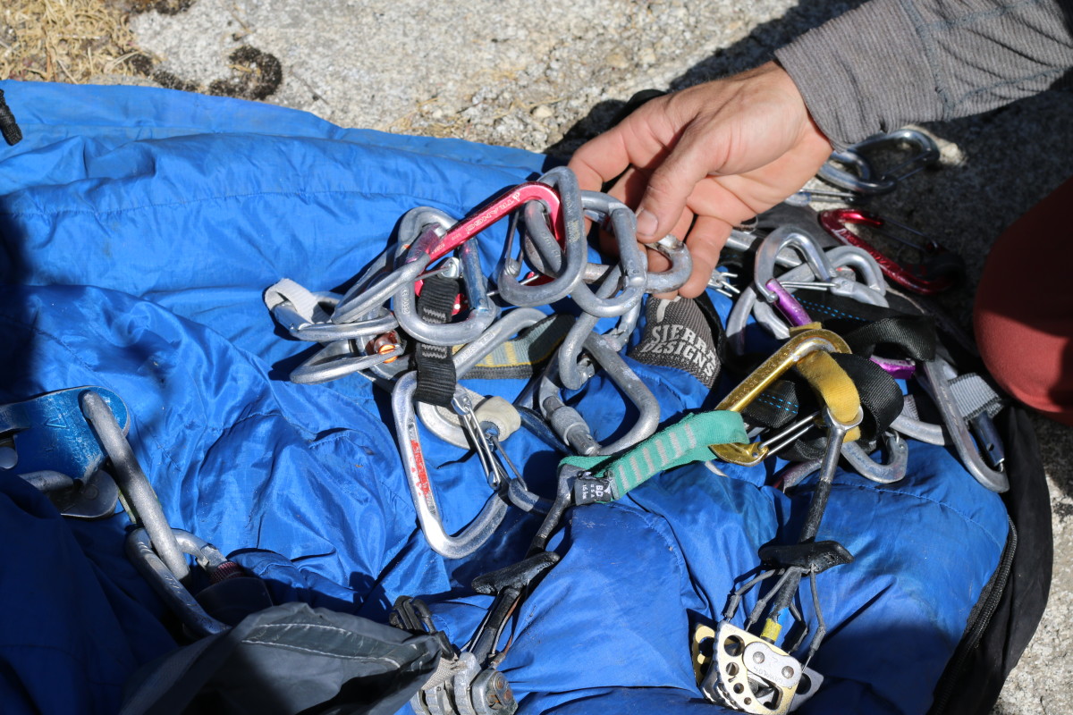 Old Cams and carabiners on a sling