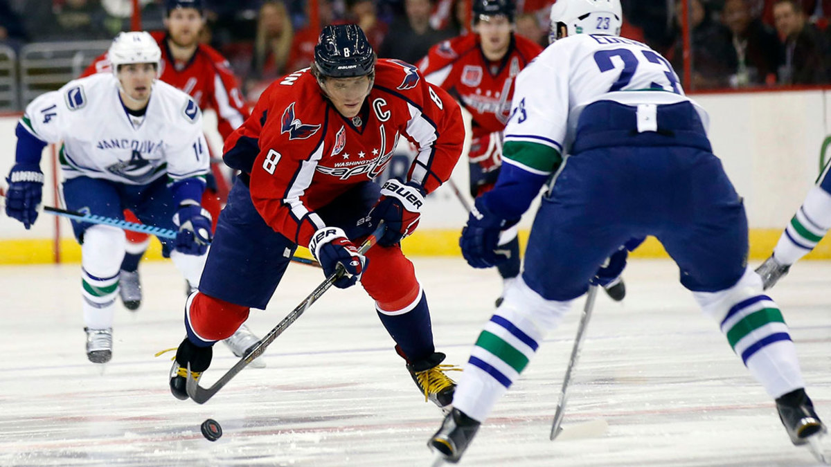Canucks Capitals Hockey, Washington, USA Alex Ovechkin, Alexander Edler Washington Capitals left wing Alex Ovechkin (8), from Russia, skates with the puck as Vancouver Canucks defenseman Alexander Edler (23), from Sweden, defends, in the first period of an NHL hockey game, in Washington 2 Dec 2014