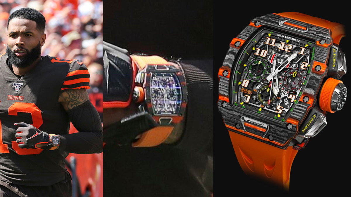 Browns Beckham Watch Football, Cleveland, USA - 08 Sep 2019 Cleveland Browns wide receiver Odell Beckham Jr. runs a route during the first half in an NFL football game against the Tennessee Titans, in Cleveland. The flashy, fashionable wide receiver sported an expensive watch, worth over $250,000, during his debut Sunday. The NFL plans to speak with Browns star Odell Beckham Jr. about wearing a watch in games, RM 11-03 Automatic Winding Flyback Chronograph McLaren