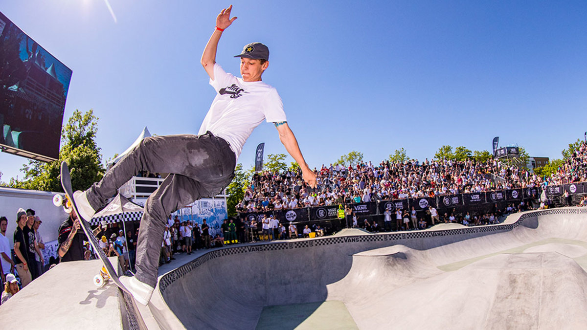 Tristan Rennie does a frontside blunt during the Vans Park Series in Malmo, Sweden on May 27, 2017. / Anthony Acosta / Red Bull Content Pool