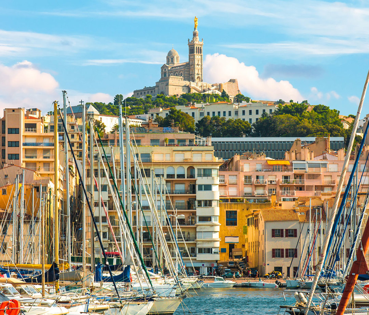 The old Vieux port of Marseille with Notre Dame de la Garde at back
