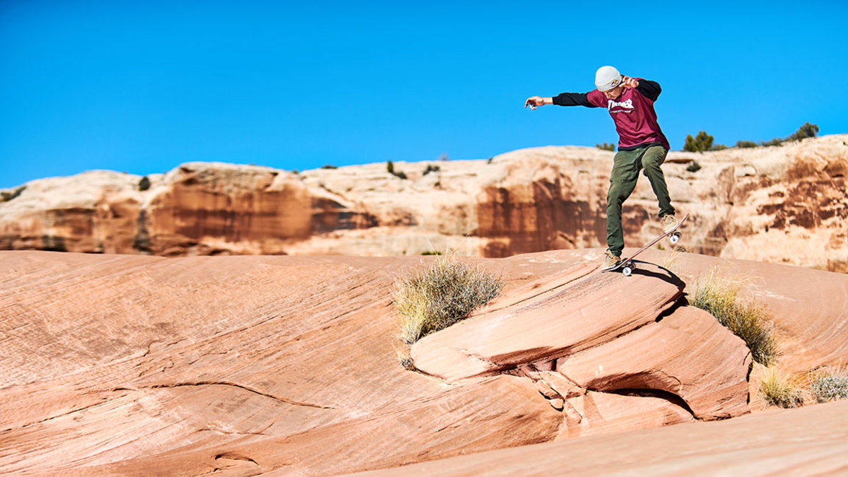 Ryan Decenzo performs a tailslide near Moab, USA on November 5, 2018.