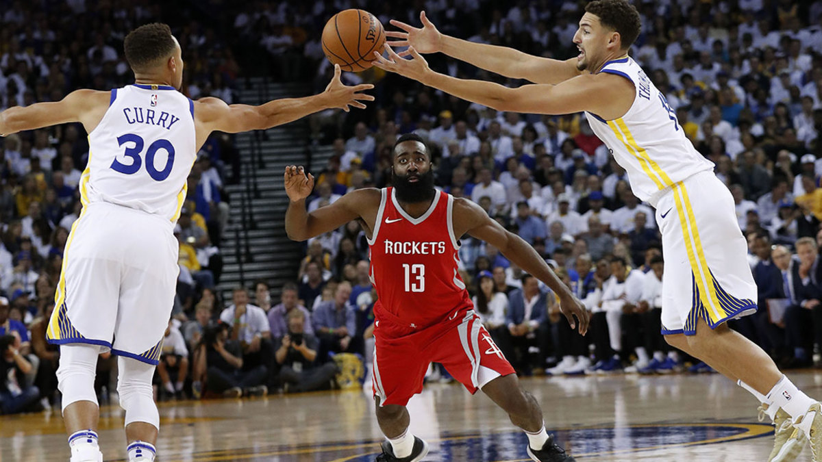 Houston Rockets at Golden State Warriors, Oakland, USA - 17 Oct 2017 James Harden, Stephen Curry and Klay Thompson 17 Oct 2017