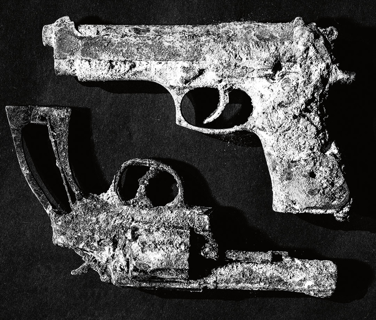 The burned weapons he used for movie work.