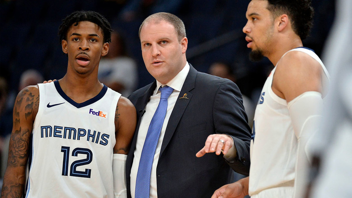 Maccabi Haifa Basketball, Memphis, USA - 06 Oct 2019 Memphis Grizzlies head coach Taylor Jenkins, center, talks with guards Ja Morant (12) and Dillon Brooks in the first half of an exhibition NBA basketball game against Maccabi Haifa, in Memphis, Tenn 6 Oct 2019