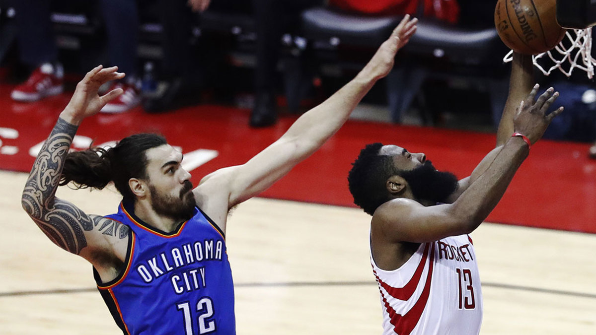 Oklahoma City Thunder at Houston Rockets, USA - 19 Apr 2017 Steven Adams and James Harden 19 Apr 2017