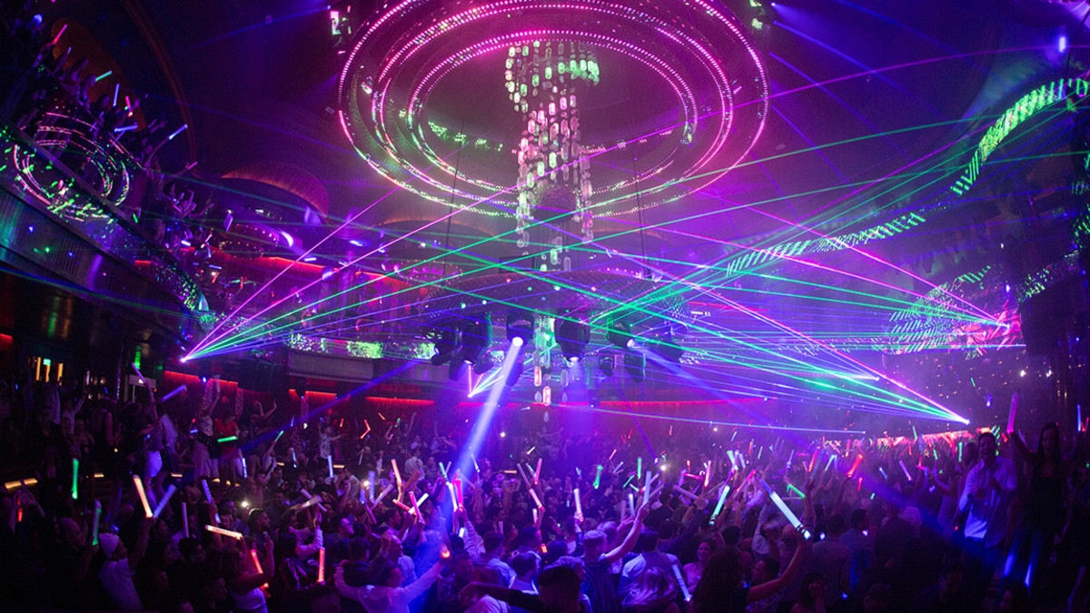 OMNIA Nightclub at Caesars Palace Lasers and Chandelier_ Photo Credit Wolf Productions