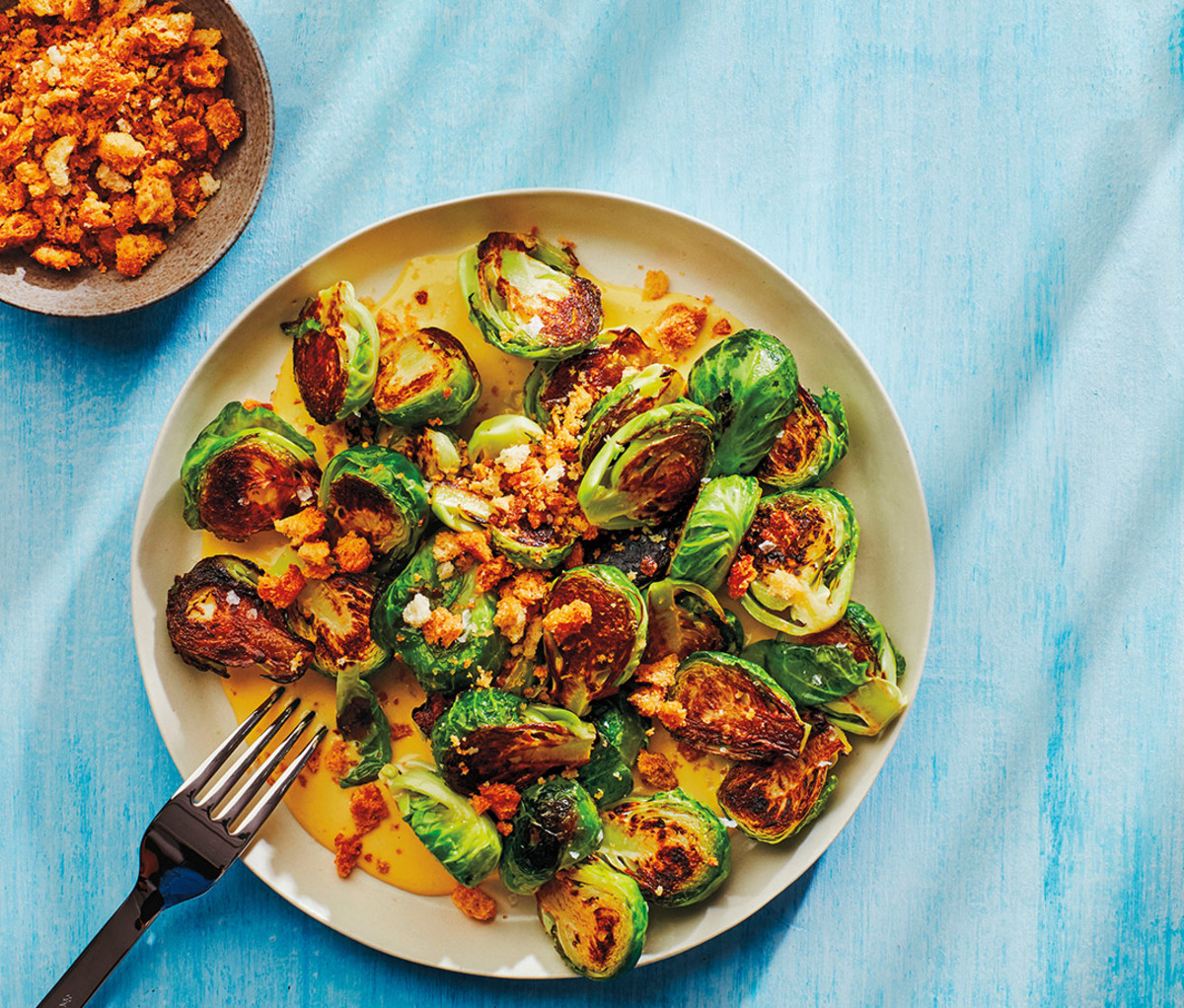 Brussels Sprouts With Miso Caesar and Crushed Croutons