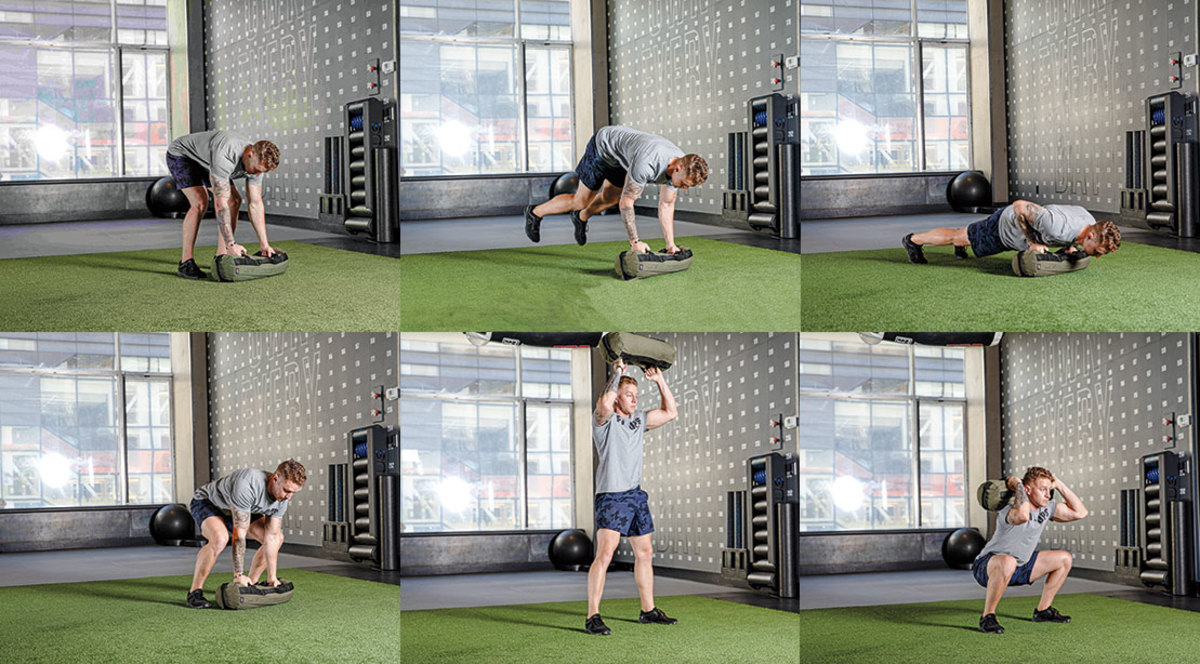 Erik Bartell Performing the Sandbag Sprawl Squat