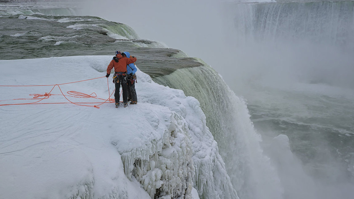 Will Gadd and Sarah Hueniken hugs each other folllowing their first ascents, during Red Bull Frozen Falls at Niagara Falls, NY, USA on 27 January, 2015.