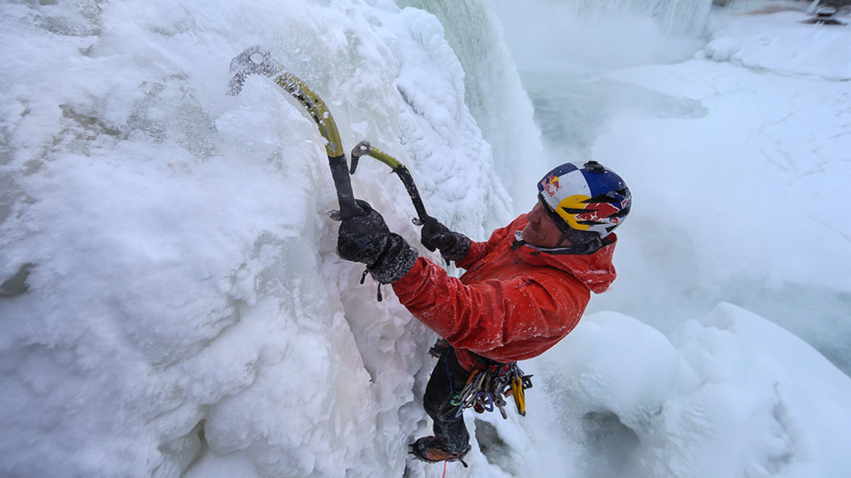 Will Gadd ice climbs the first ascent of Niagara Falls in Niagara Falls, NY, USA on 27 January, 2015.