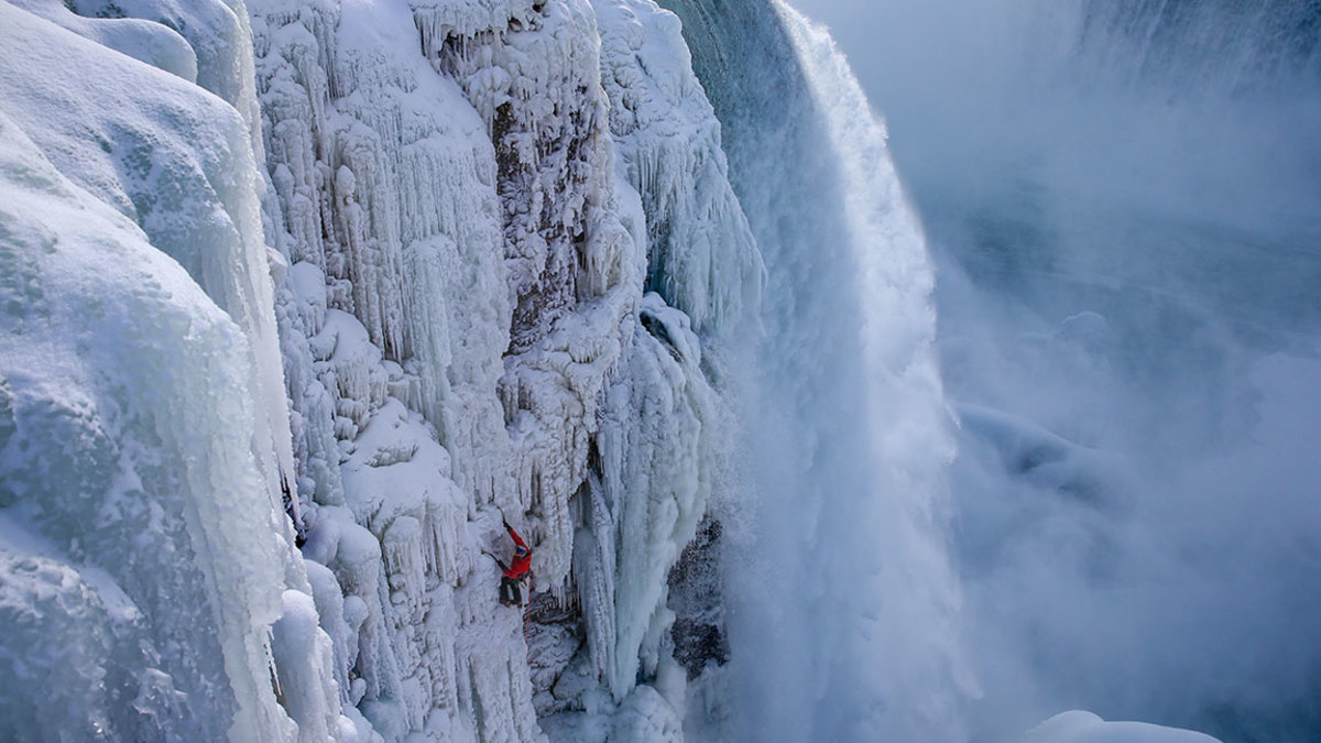 Will Gadd ice climbs the first ascent of Niagara Falls in Niagara Falls, NY, USA on 27 January, 2015.