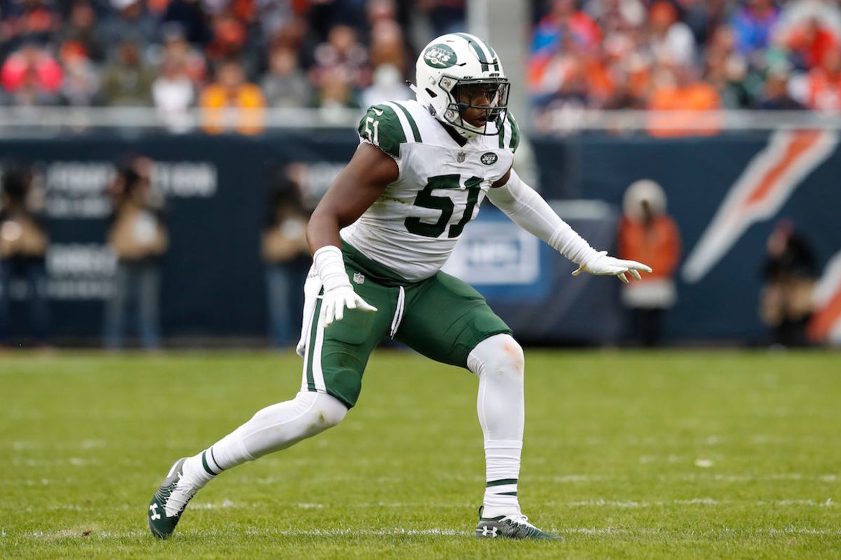 Mandatory Credit: Photo by Jeff Haynes/AP/Shutterstock (9946922vy) New York Jets outside linebacker Brandon Copeland (51) lines up against the Chicago Bears during an NFL football game, in Chicago. The Bears won 24-10 Jets Bears Football, Chicago, USA - 28 Oct 2018